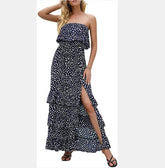 Robe mi-longue à volants et smocks fleuris Wonderstruck - Bleu marine